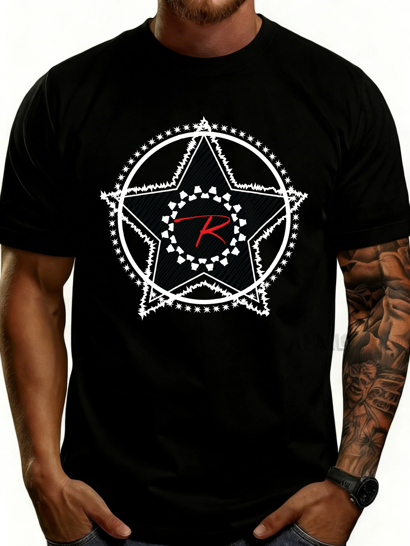 Graphic Design Men's T-Shirt with Star and Letter R Pattern, Suitable for Everyday Wear, a Gift for Him