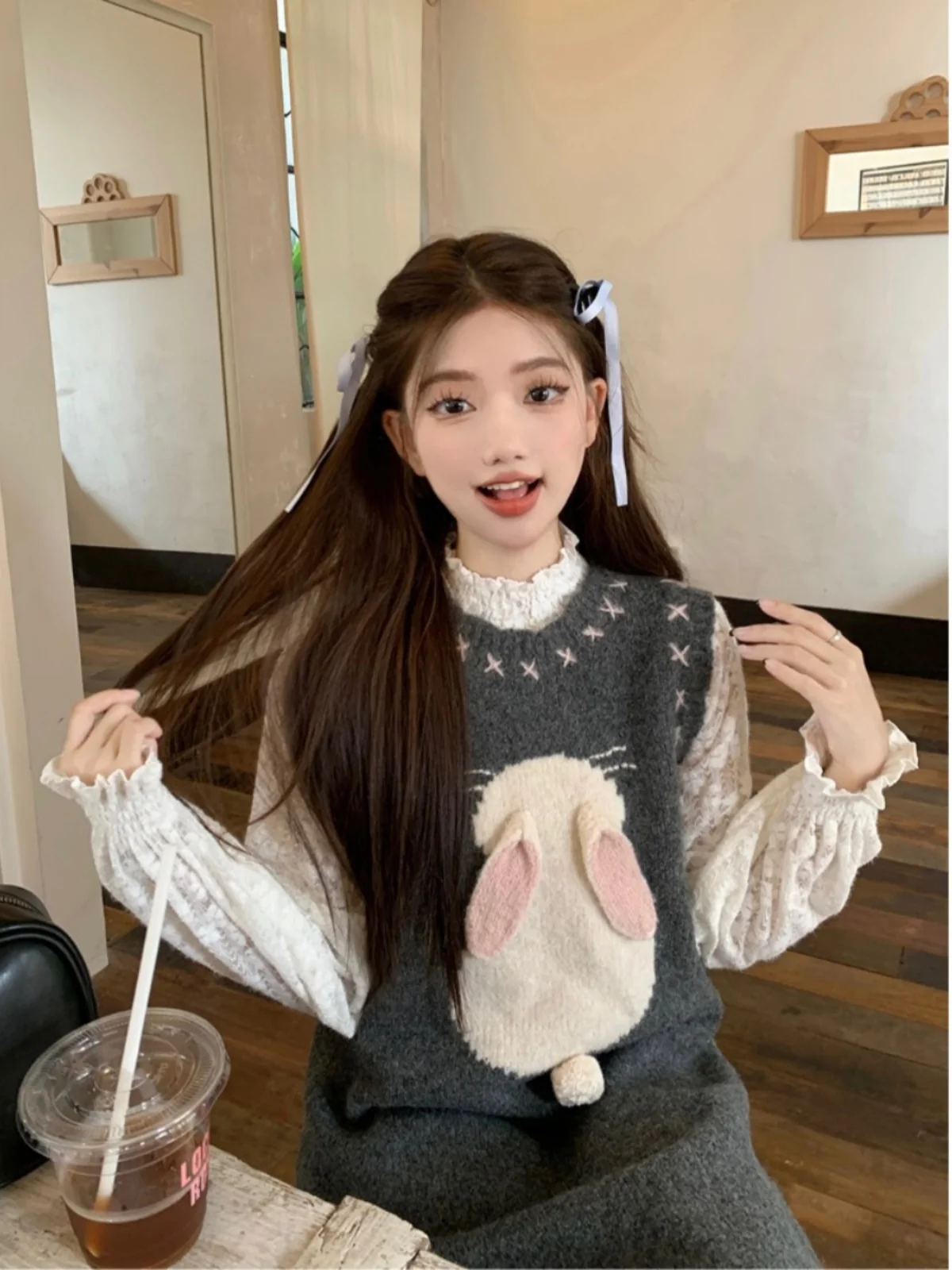 

Rabbit Knitted Dr And Vest Set with Lace Details Long Sve Student Faion Outfit Wooden Trim Base irt Two-Piece Set