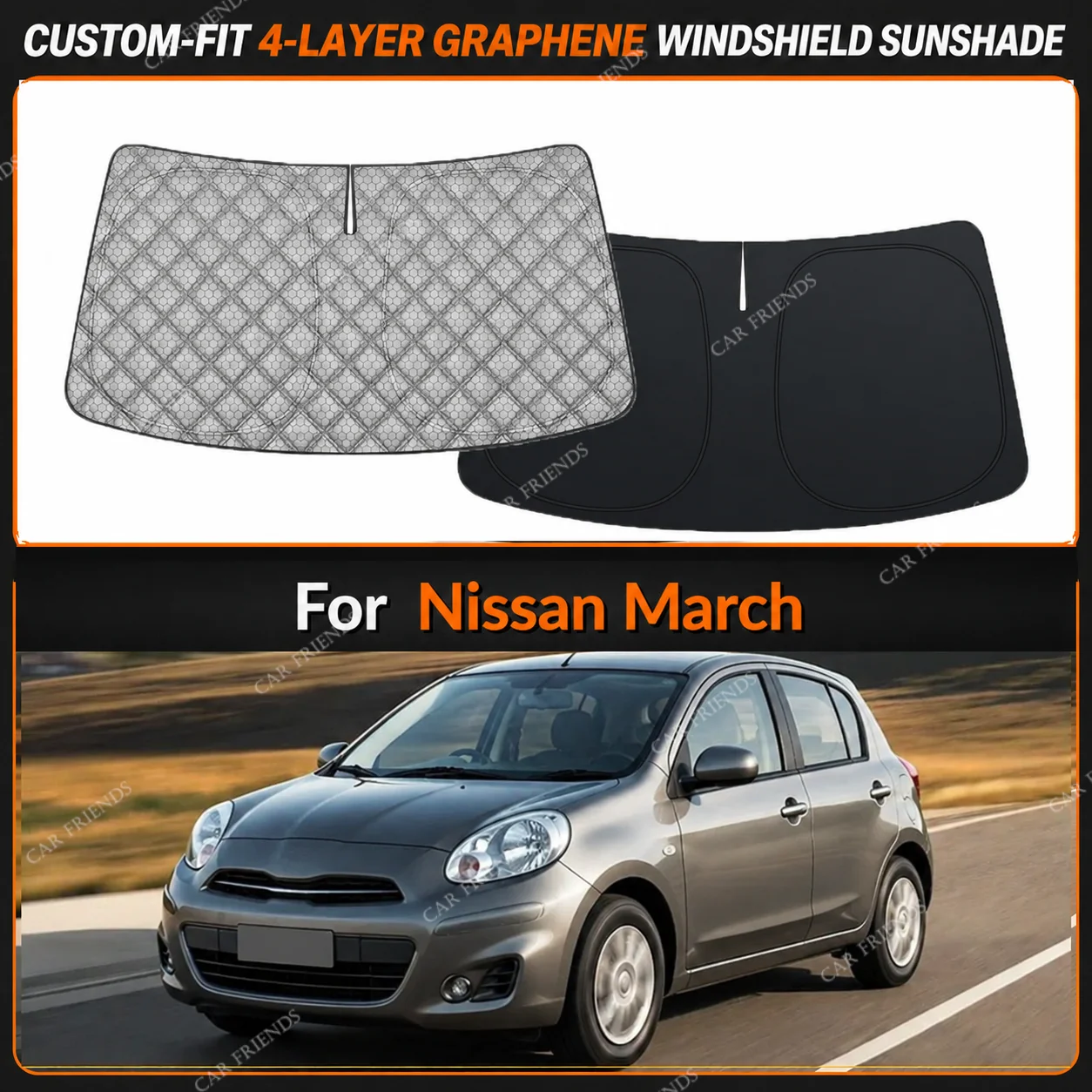For Nissan March Custom-Fit 4-Layer Graphene Windshield Sunshade Reflective Gray-Silver Surface Helps Reduce Direct Sunlight