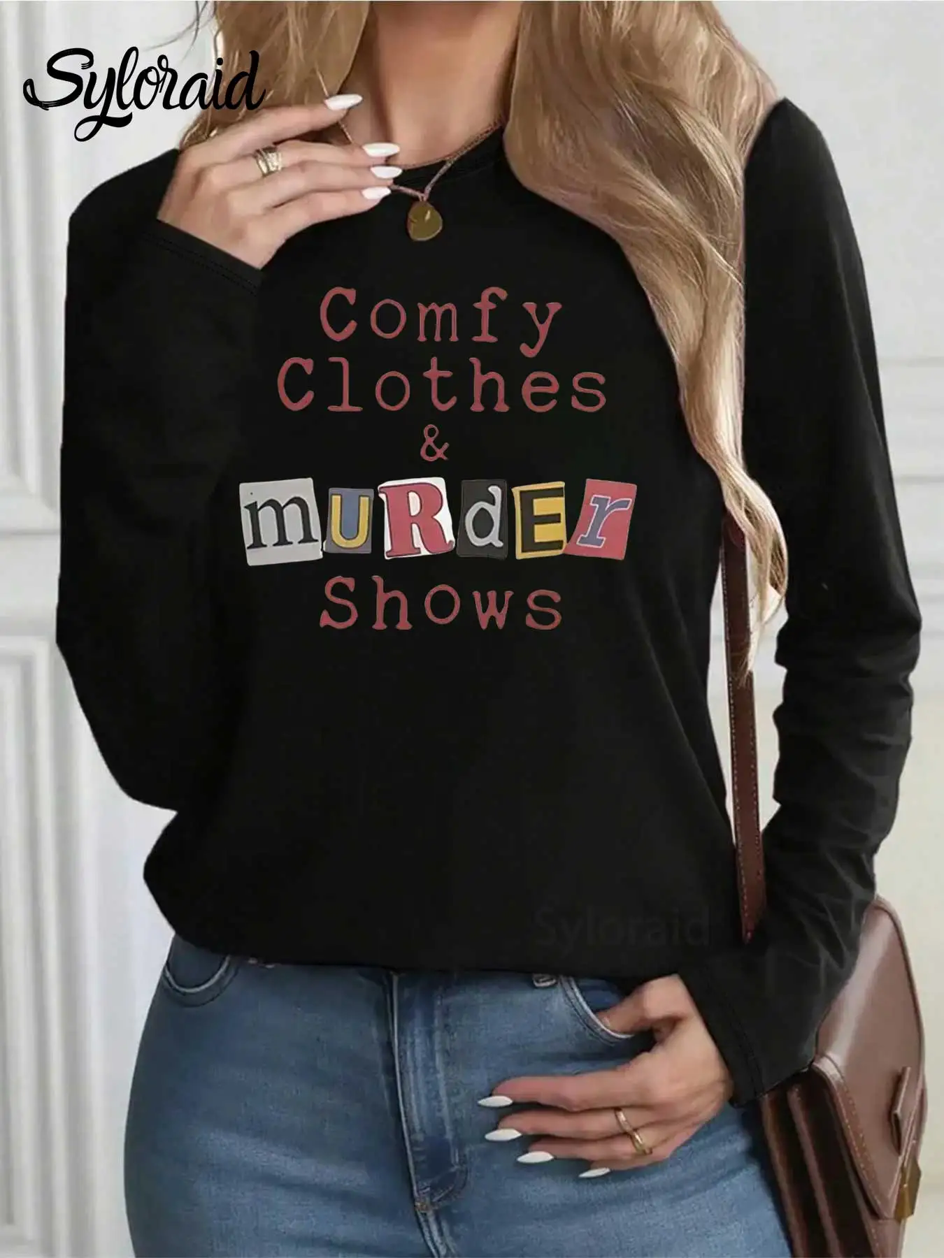 Women's Long Sleeve T Shirt Comfy Clothes & Murder Shows Lettering Print T Shirt Fashion Round Neck Casual Top