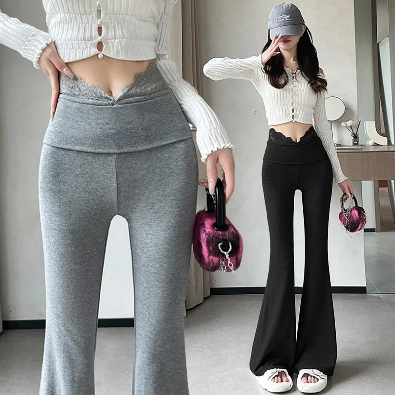 

Chic Korean Fashion Ladies Lace Splicing Bell-bottoms Pants Women OL High Waist Trousers Female Streetwear Clothes BVAY5013