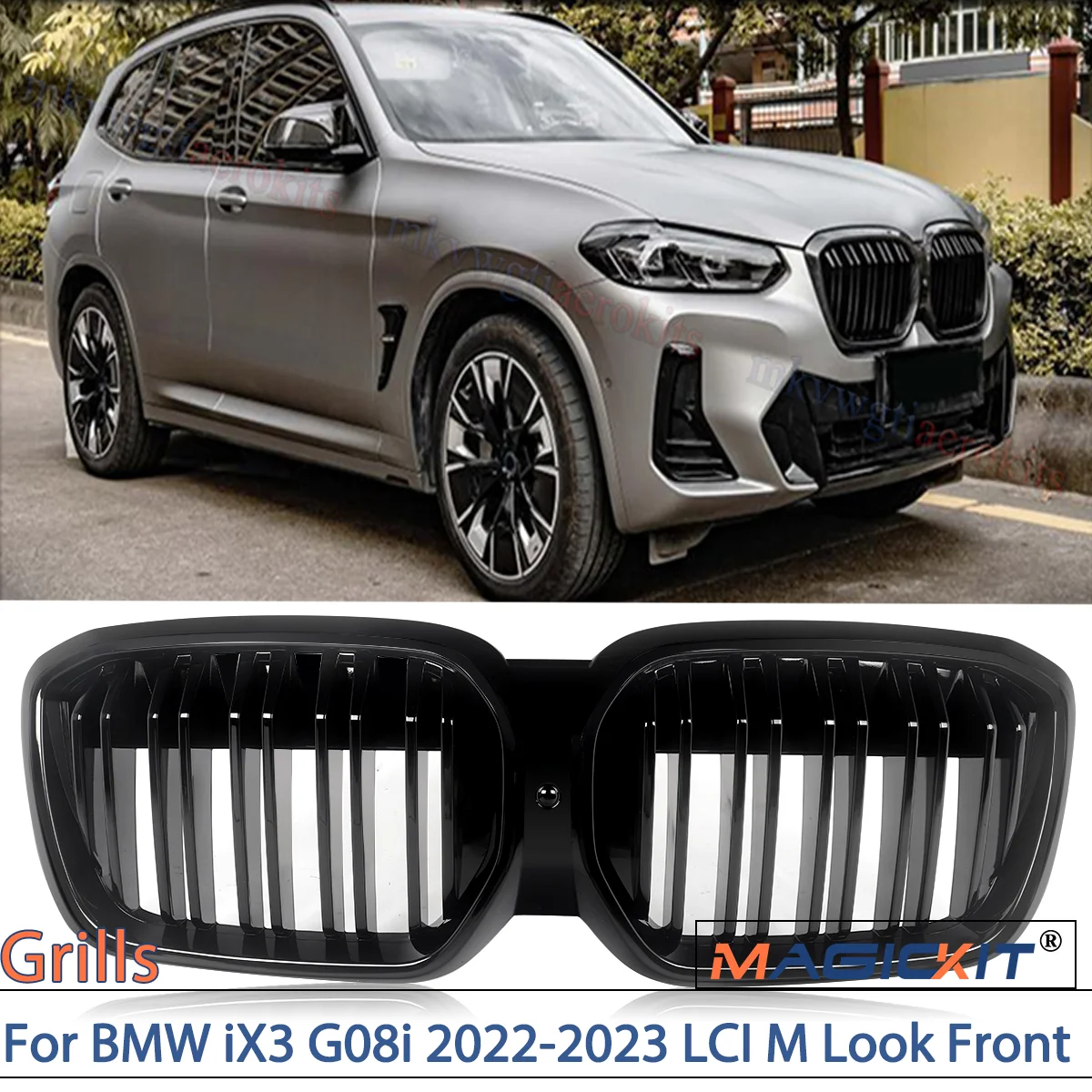 MAGICKIT For BMW iX3 G08i 2022-2023 LCI M Look Front Kidney Grille Gloss Black Dual Slats CAR Accessories Shiny Gloss Black