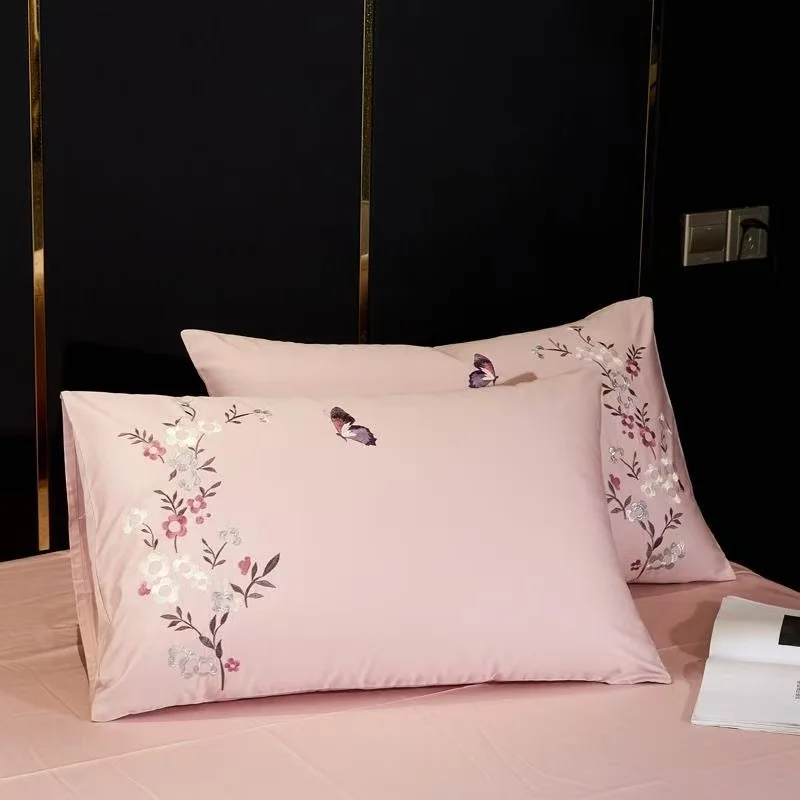 2PCS Pure Cotton Floral Embroidery Pillow Covers 48x74cm Solid Color Envelope Style Bedding Pillowcases for Hotel  Home Textiles