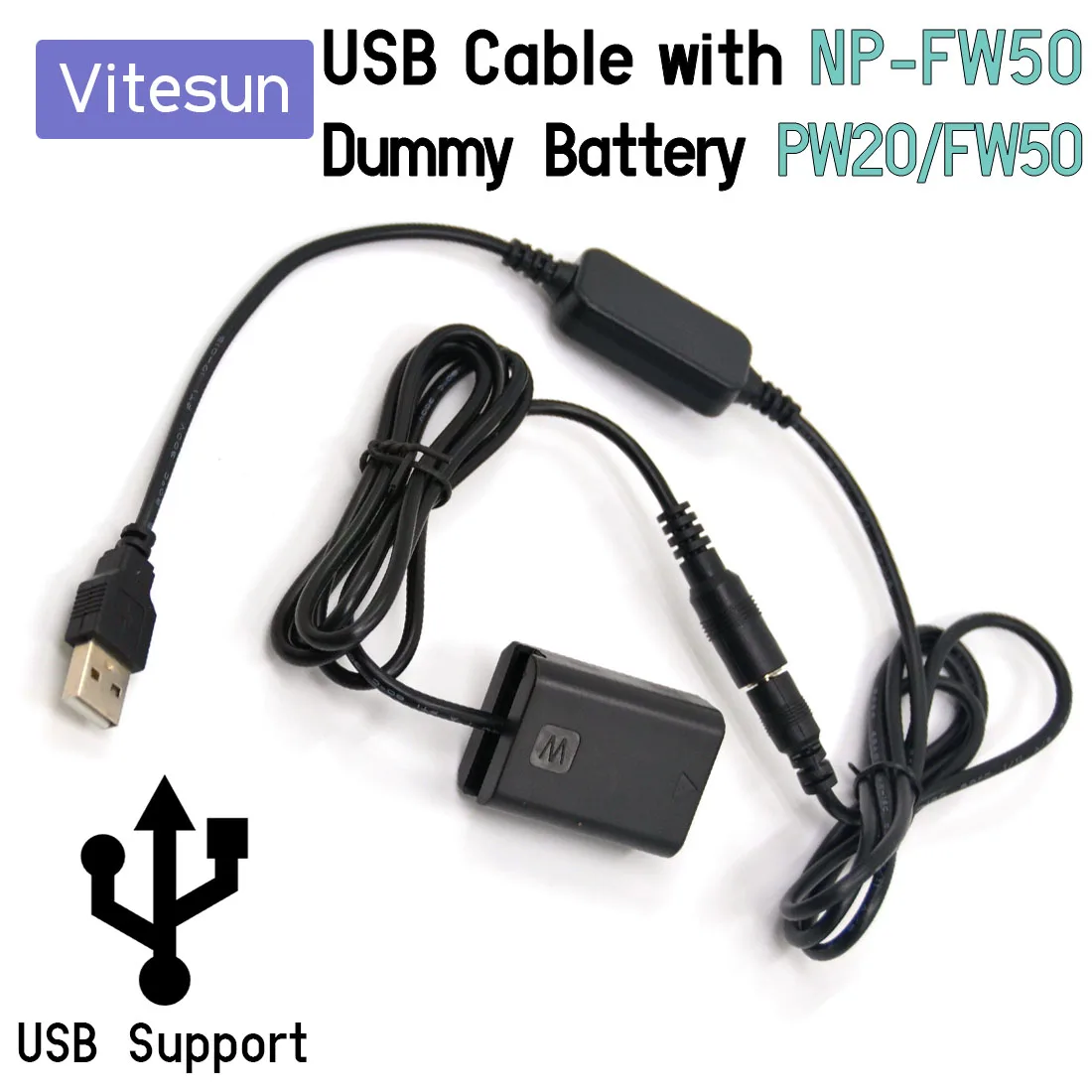 Vitesun USB Cable Adapter + NP-FW50 Dummy battery AC PW20 for Sony a7 a7R A7000 A6500 A6000 A5000 RX10 NEX3 7 SLT A35 A55 ZV-E10