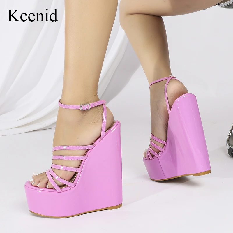 

Kcenid Pink Sandals For Women Summer Fashion Narrow Band Open Toe Ankle Buckle Strap Platform Wedge High Heels Dress Lady Shoes