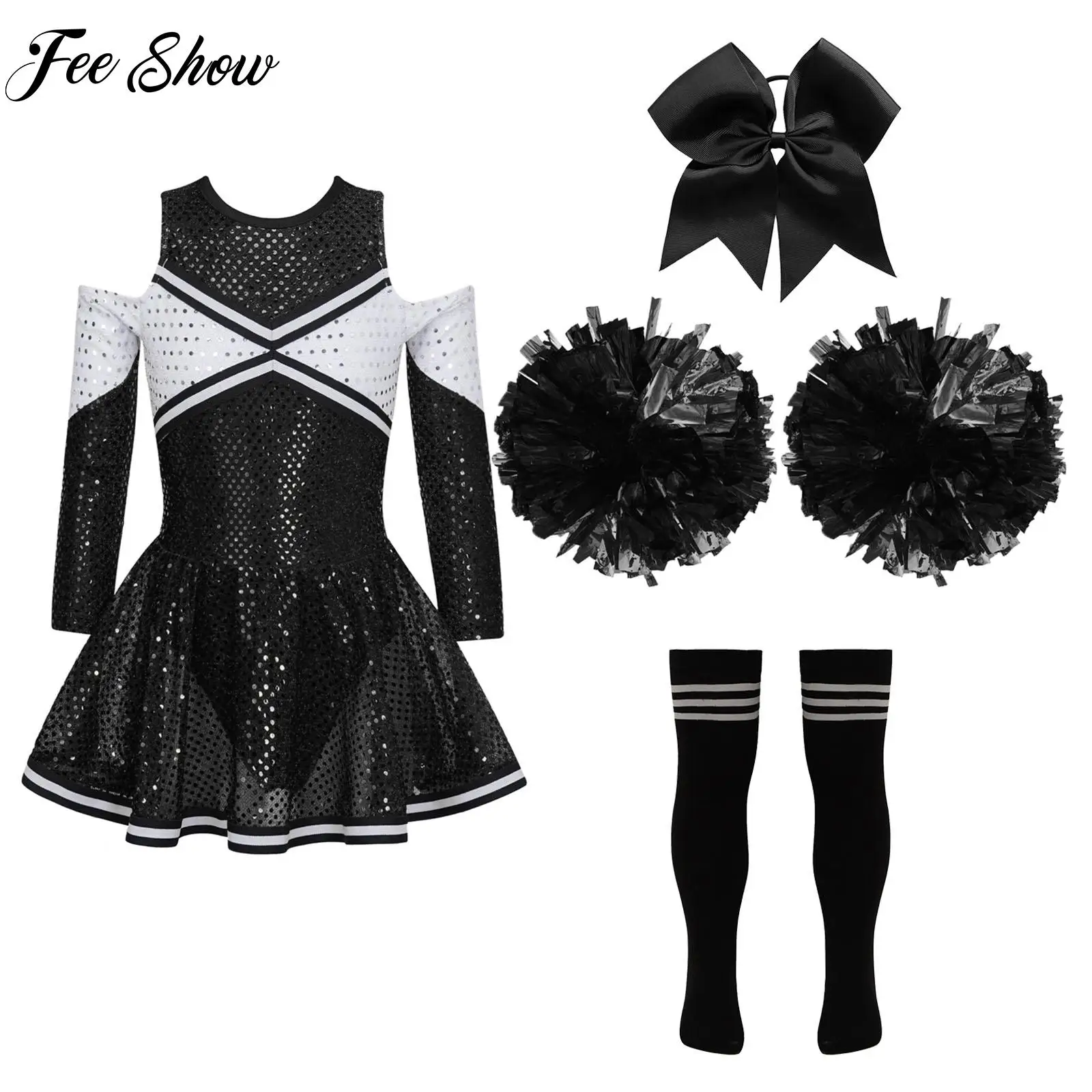 

New Kids Girls Cheerleading Dance Outfits Long Sleeve Shiny Sequins Dress+Headwear Hand Flowers Socks Set for Stage Performance