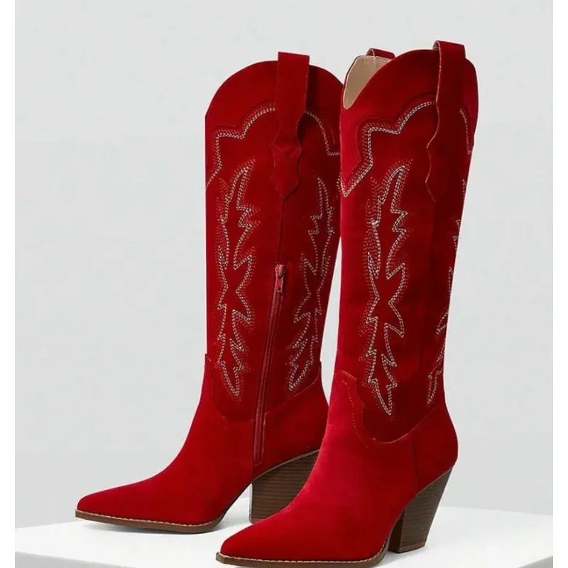 Suede Embroidery Pointed Toe Knee-High Women Western Boots Chunky Middle Heels Slip On Design Large Size Cowboy Shoes