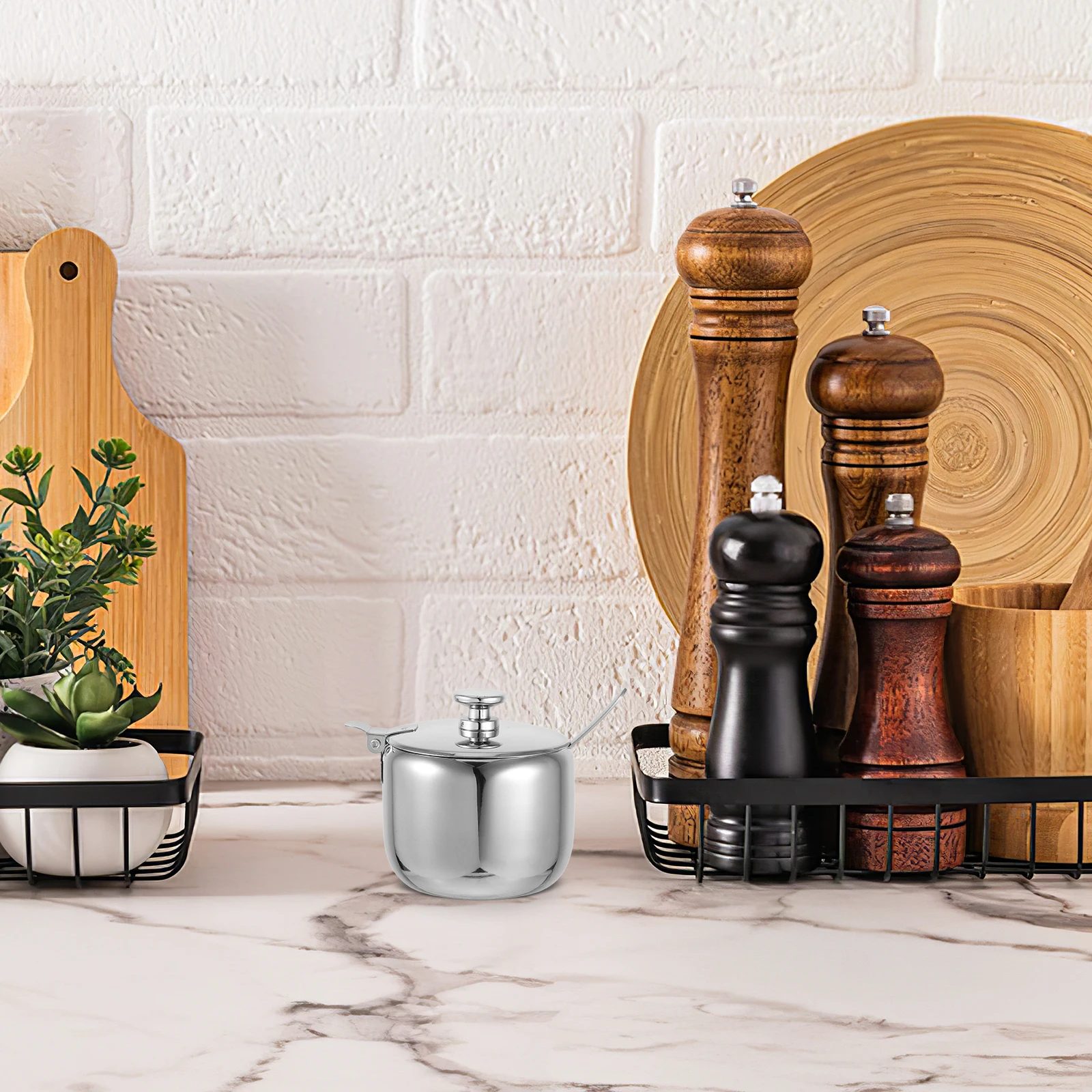 

250Ml Stainless Steel Seasoning Box Round Sugar Container Airtight Lid Spoon for Kitchen Coffee Tea Storage Salt Condiment Jar