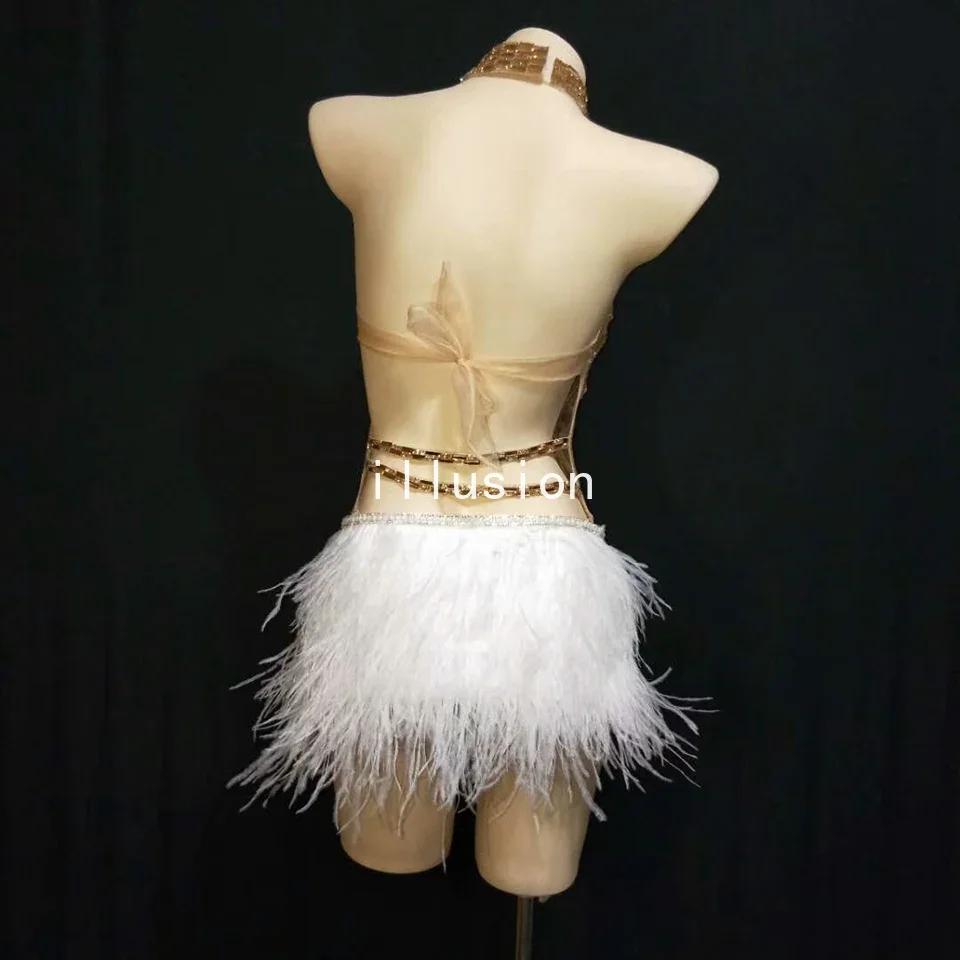 Sparkly Silver Crystals Mesh body Women Feather body Outfit Female Bar Dance Stage Party Dance Costume Celebrate Dress