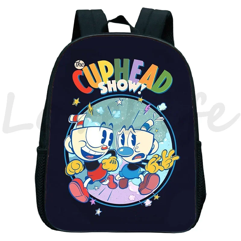 Cuphead Cartoon Print School Bags for Kids, Kindergarten Backpack, Toddler Bookbag, Impermeável, Anime, Meninos, Meninas, 12"