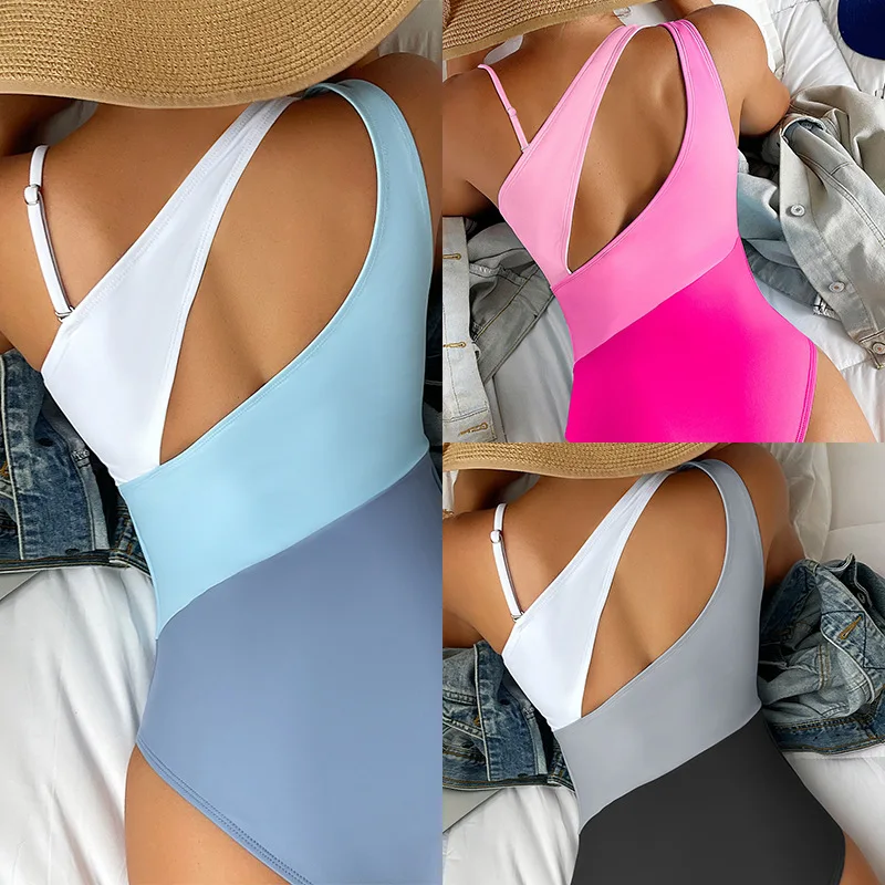 2024 New European and American One-shoulder Color-blocking High-waisted One-piece Bikini Swimwear Women Swimsuit