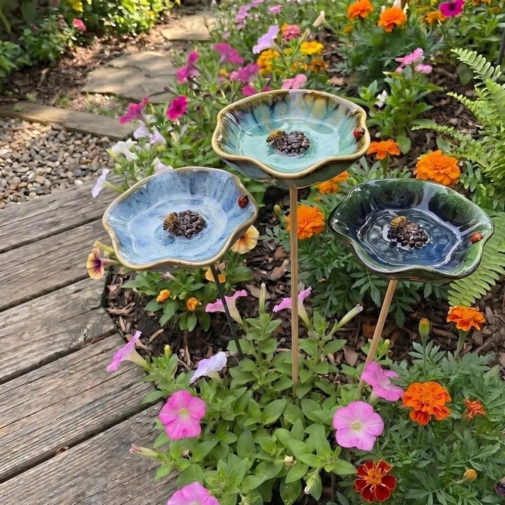 Ceramic Bee Butterfly Water Feeder Watering Station Decoration Bird Bath Stake Creative Ground Insert Bird Feeder Tray