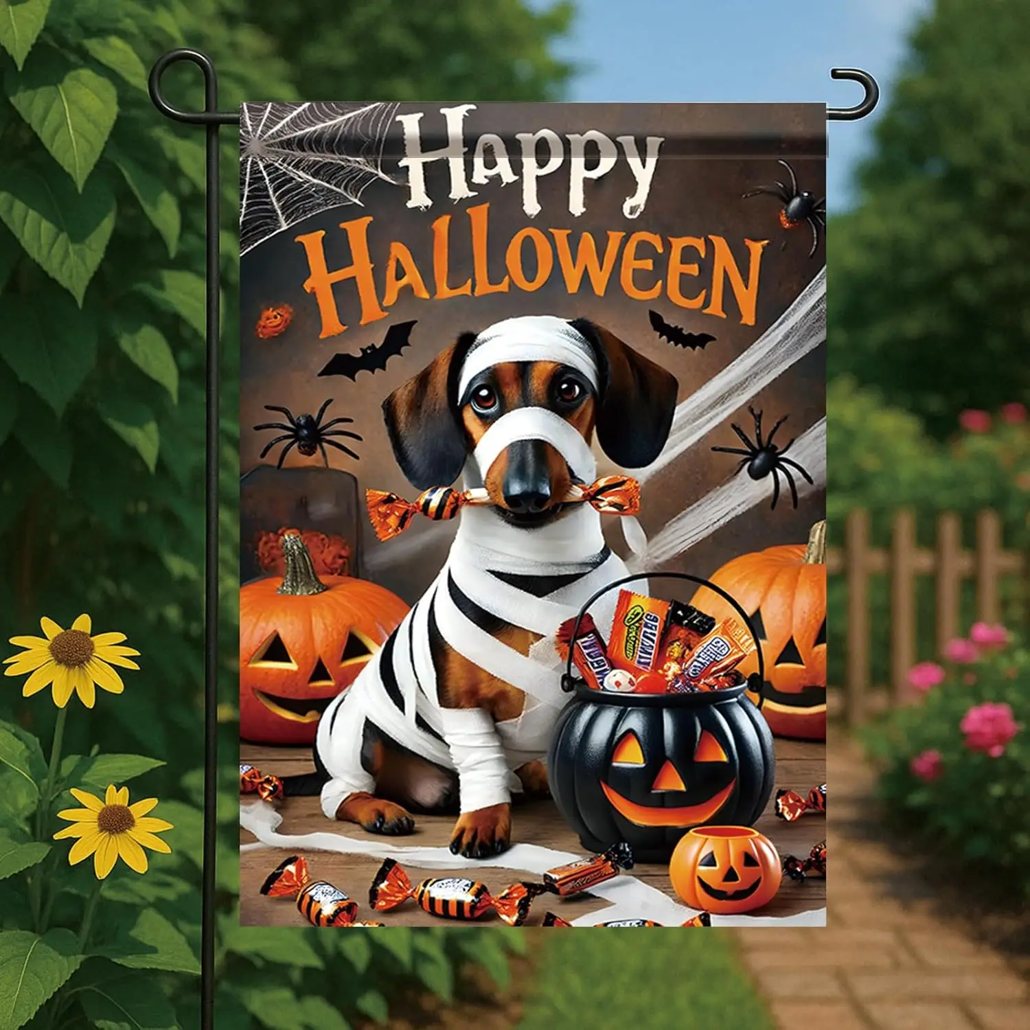 هالوين حديقة العلم المومياء الكلب الألماني اليقطين الحلوى 12x18 بوصة مزدوجة الوجهين في الهواء الطلق ساحة راية لخدعة أو علاج هانت FFI #5