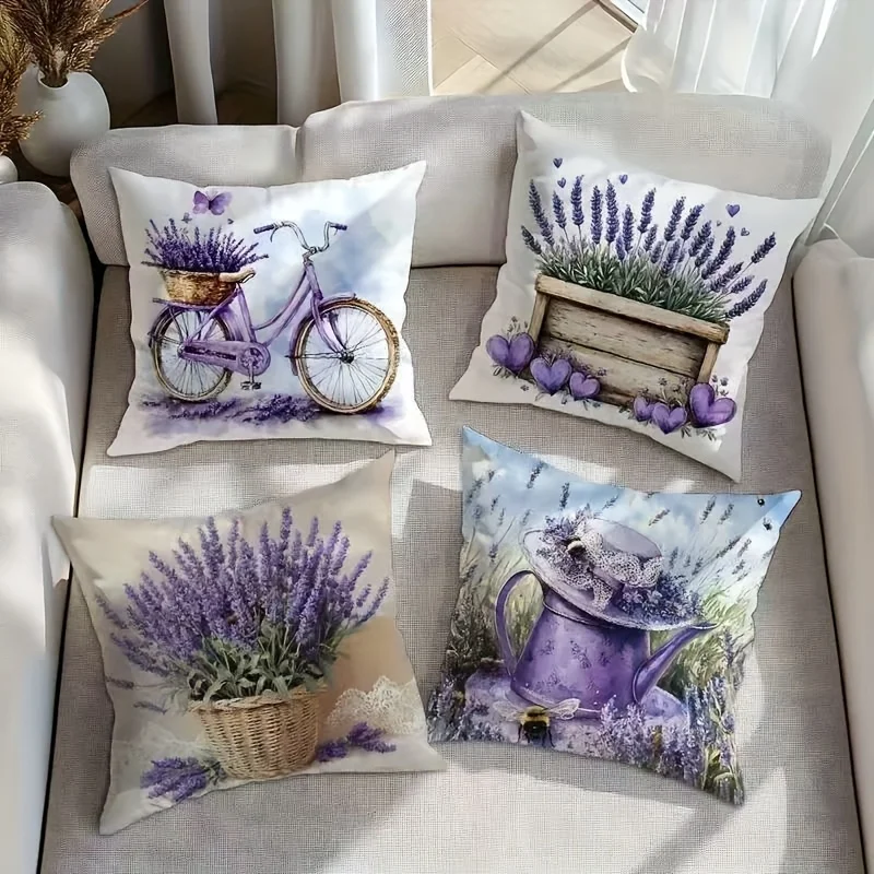 2D Flat Lavender Bicycle Watering Can Pillow Covers, 4pcs Set, Double Sided Print, Purple Floral Decor Cases for Sofa Home Decor