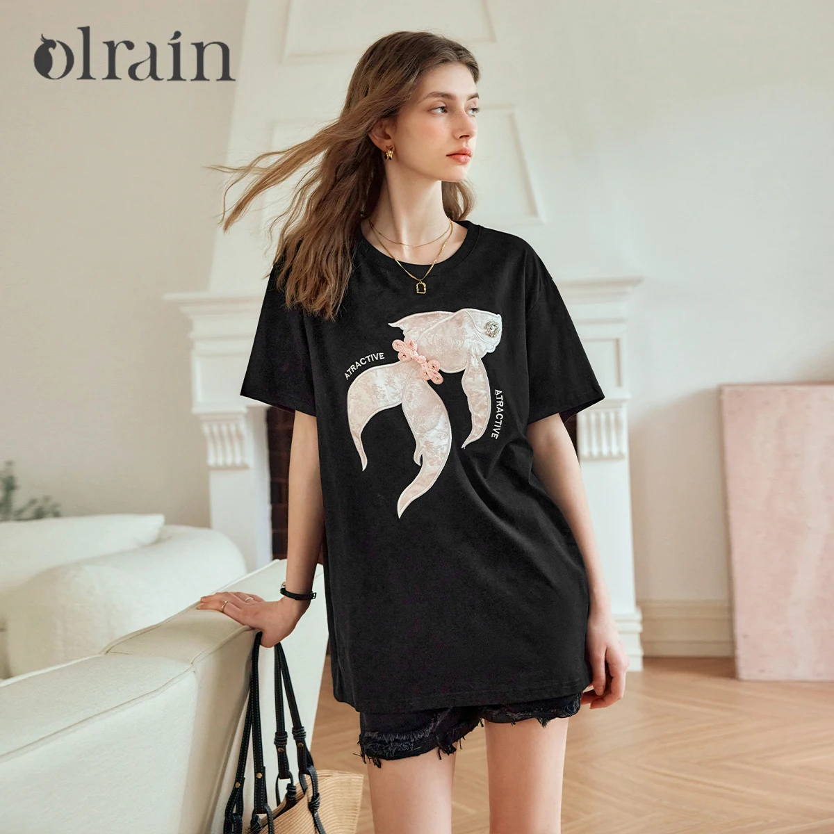 

OLrain черная женская футболка большого размера из 100% хлопка, лето 202, вязаные уличные свободные топы с короткими рукавами O24XT89691