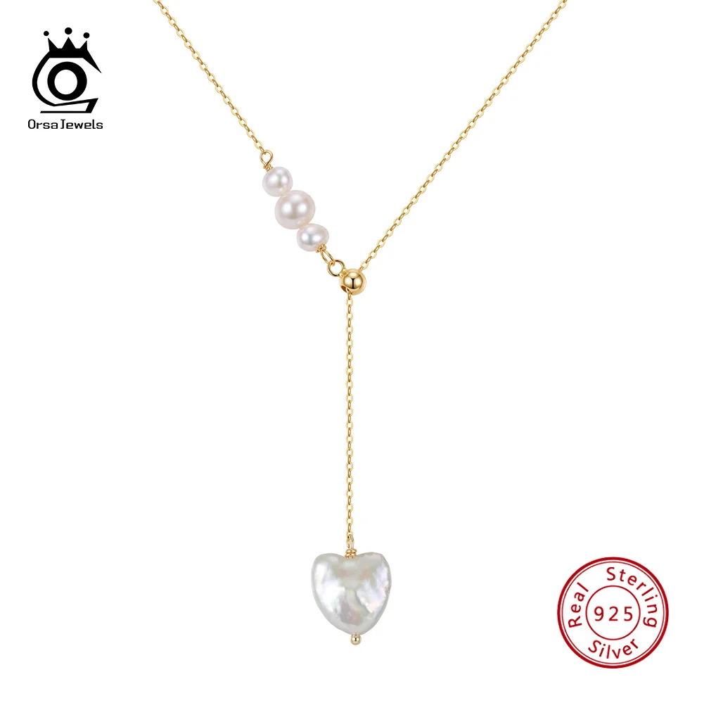 ORSA JEWELS Heart Cut Natural Pearl Pendant Necklace 925 Sterling Silver Y-Style Lariat Drop Neck Chain Wedding Jewelry GPN116