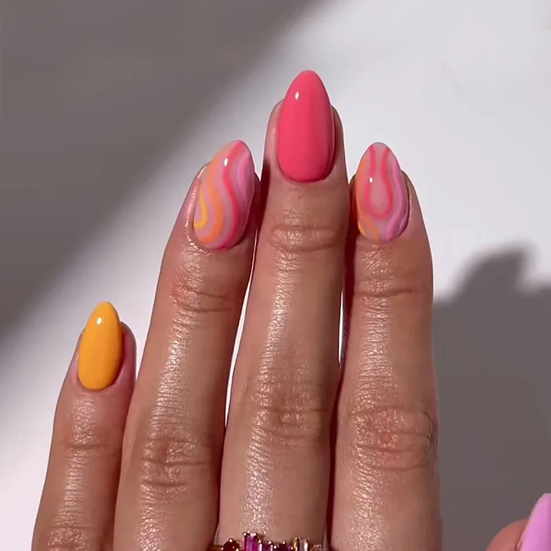 

24Pcs Mid-length Almond False Nails Simple Colorful Line with Design Press on Fake Nails Reusable Finished Full Cover Nails Tips
