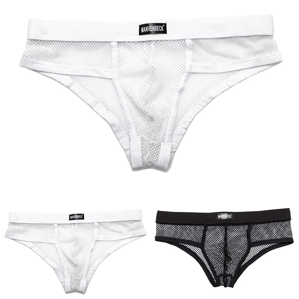 

Sexy Transparent Men Mesh Elastic Underwear Black White Breathable Cooling Fishnet Panties Man Briefs Shorts
