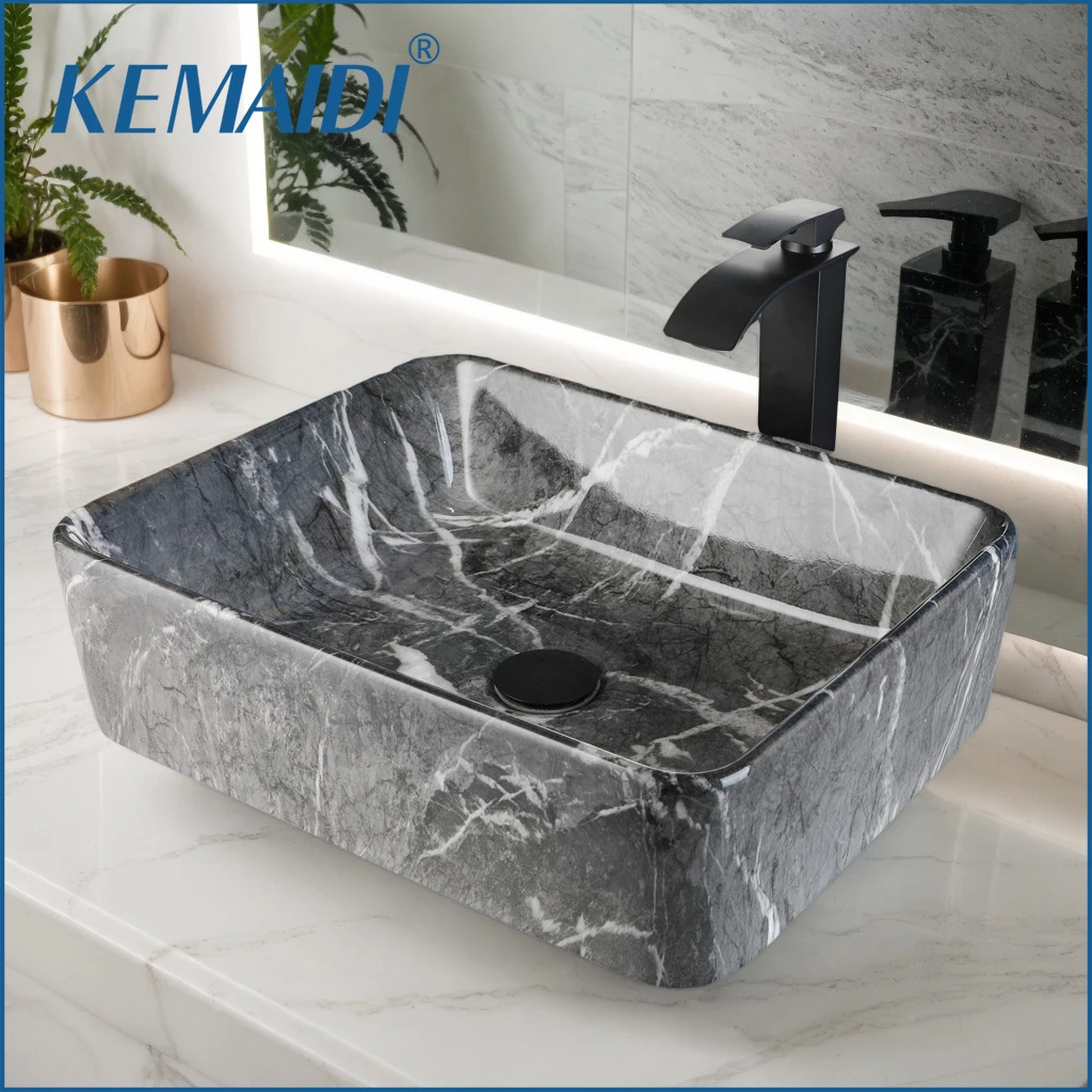 

Black Marble Bathroom Vessel Sink With Faucet 19 inch Rectangular Ceramic Sink Marbling Basin Bowls Above Counter Bowl Sinks