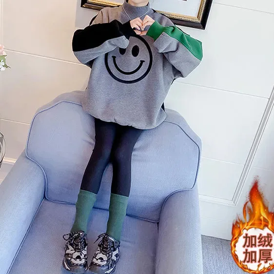 2024 autumn winter Sweatshirt hoodie Kids smile teens dress Child Hoodless plus Velvet girls clothes patchwork warm 8 10 12 year