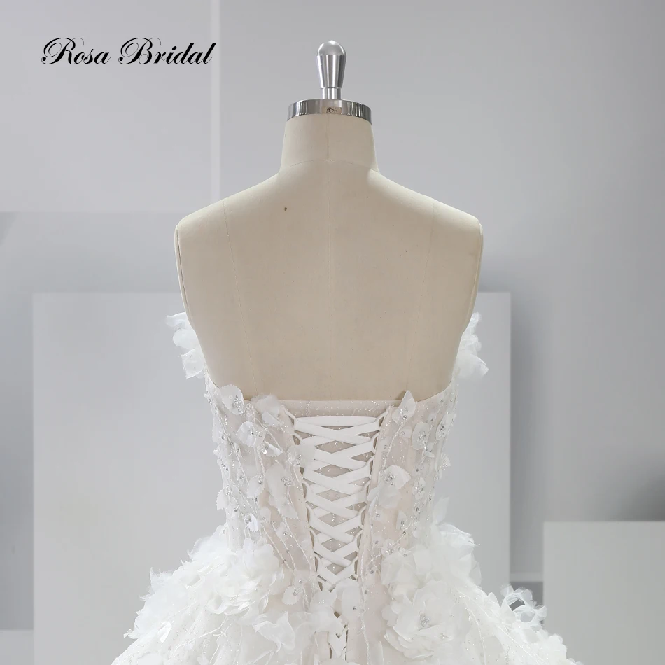 Romantic Strapless 3D Flower Lace Beaded Wedding Dress