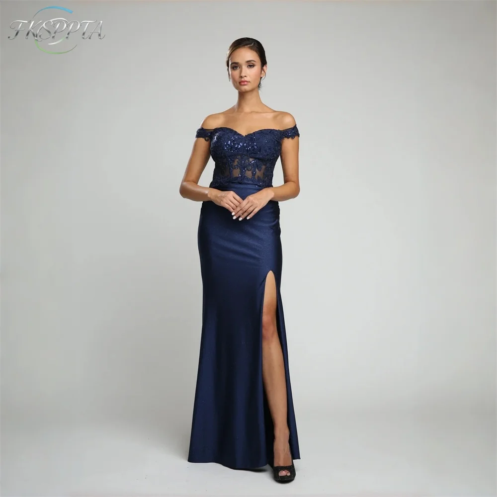 2026 Navy Blue Long Formal Evening Dress See Through Appliques Off The Shoulder Mermaid Prom Party Gowns Plus Size