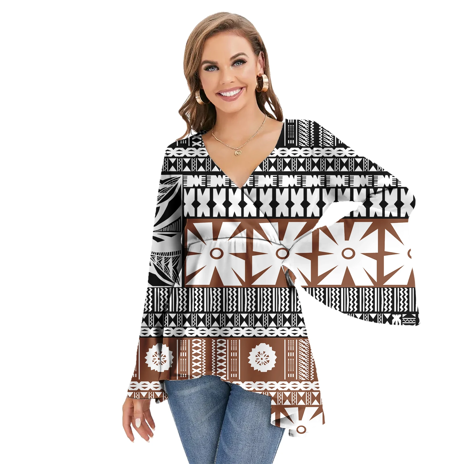 Polynesian Samoan style Print Ladies Chiffon Blouse Customized Chiffon Shirts For Women Blouses Long Sleeve Blouses