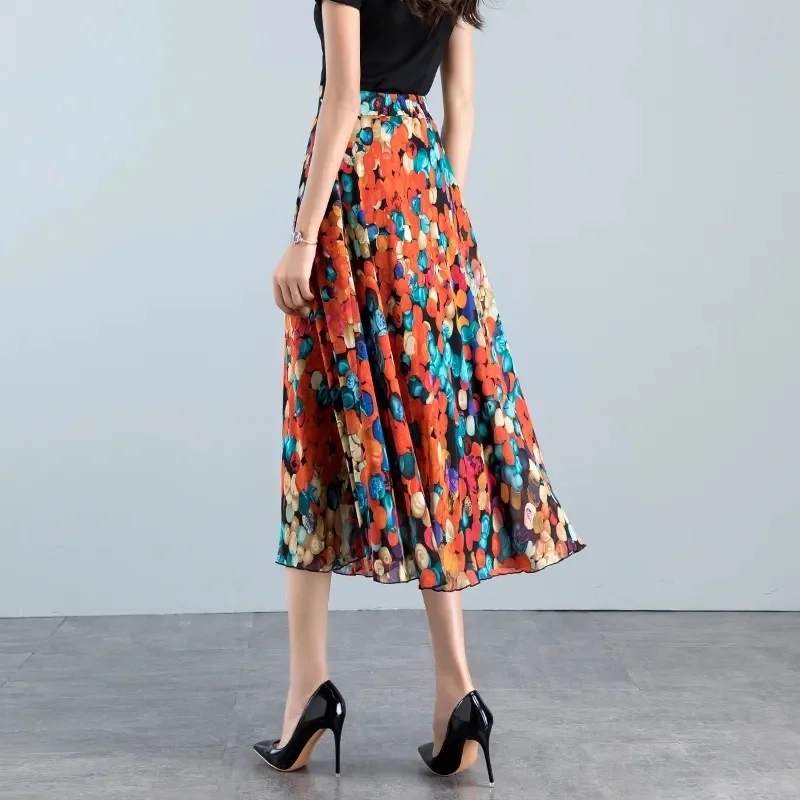 

Summer Floral Chiffon High Waist A-Line Big Swing Midi Skirt 2026 New Women's Beach Skirt j442