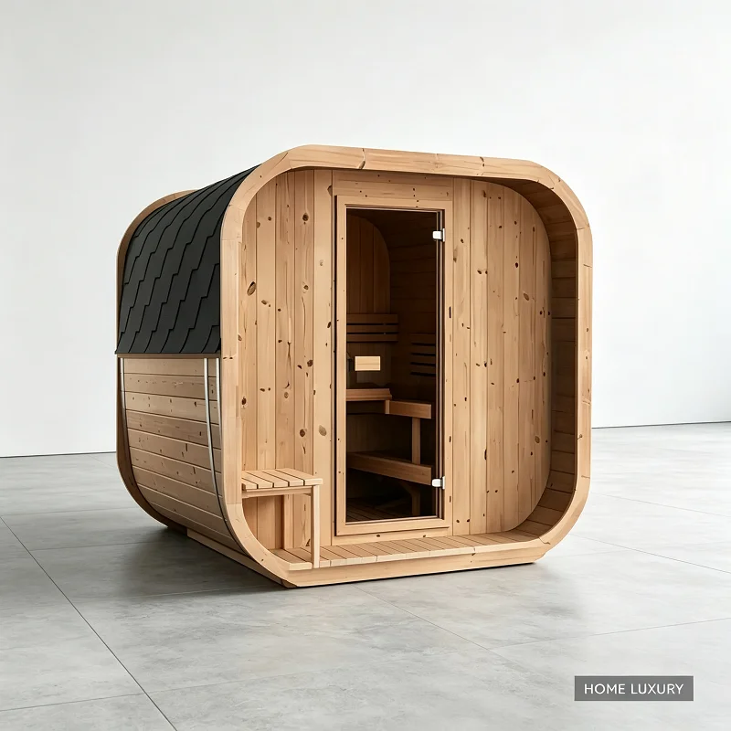 Cube Pod Outdoor Sauna Cabin, Premium Red Cedar Dry Steam 4‑6 Person Full‑View Glass for Vacation Rental Villa Backyard