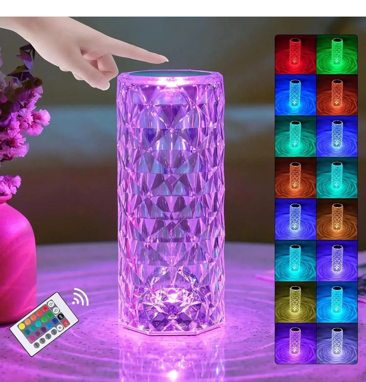 

16-цветная розовая атмосферная хрустальная лампа, создающая теплую романтическую атмосферу, креативный декор для спальни, прикроватный ночник с сенсорным управлением.