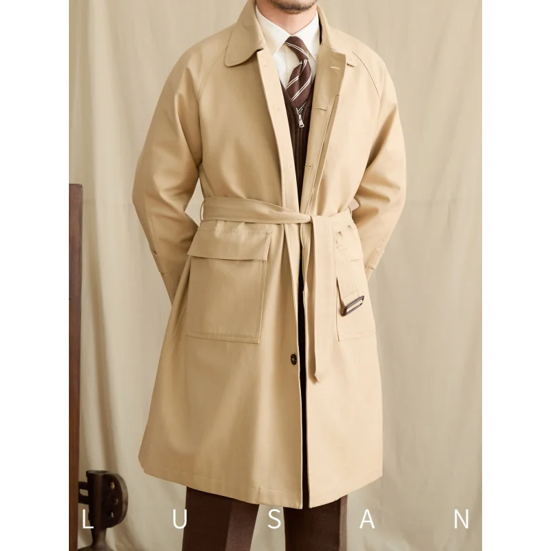 

Mr. Lu San Осенний джентльменский винтажный плащ из смеси хлопка в британском стиле с отложным воротником, слегка широкий Ja средней длины