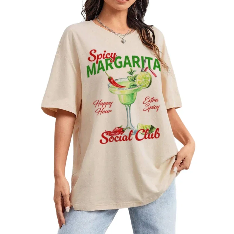 Spicy Margarita Retro Cocktail Graphic Tees Women Vintage Aesthetic Alcohol Drink T Shirt Loose Printed T-Shirts Unisex Top Gift