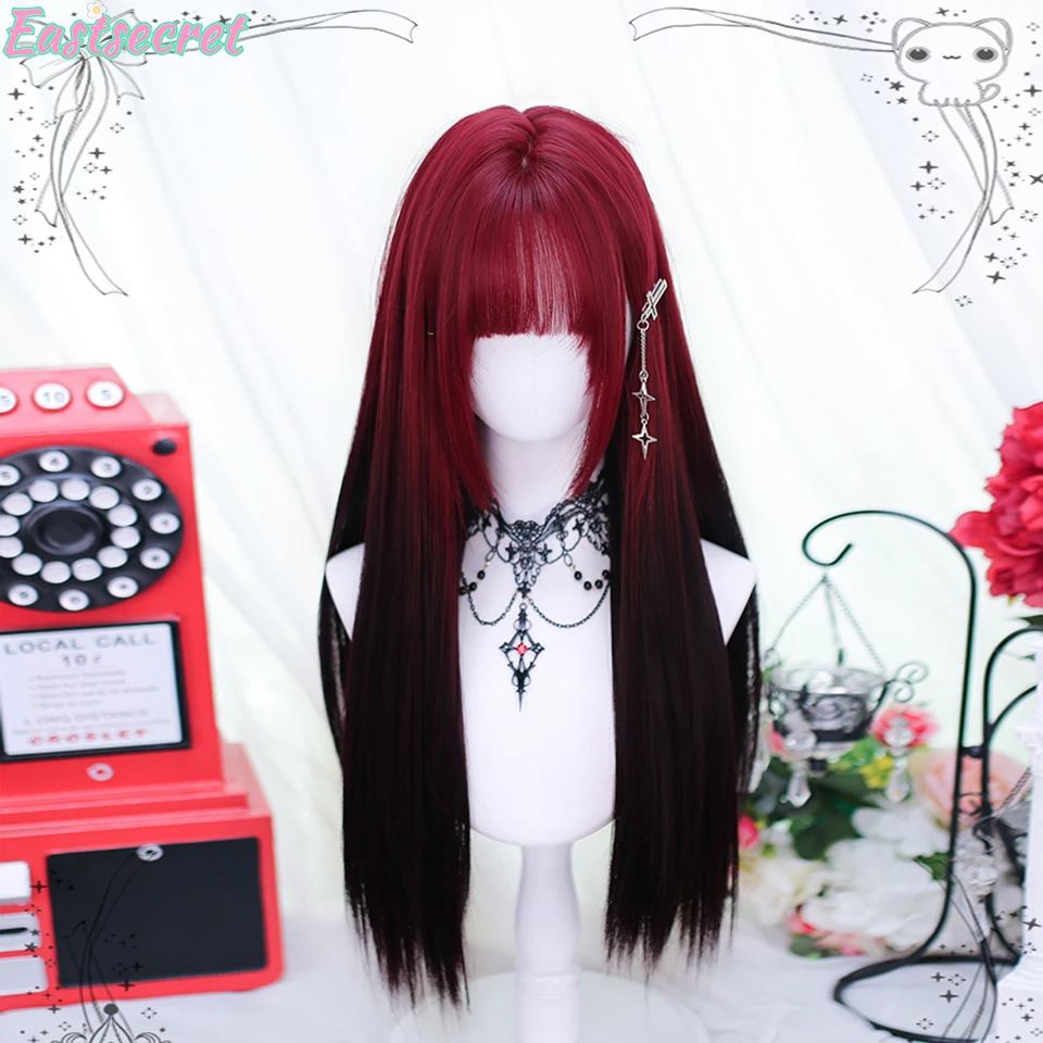 Synthetic Wig For Women Halloween cos Wig Straight Hair Women\'s Bangs Red Gradient Black Long Hair Natural Layered  Straight