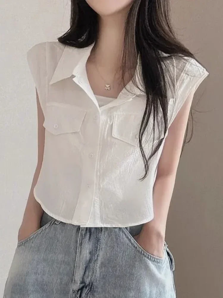 

Korean Cropped Flying Sleeve Shirt Women Sexy Slim Elegant Blouse Casual Design Sweet Female Summer Vintage Short Camisas