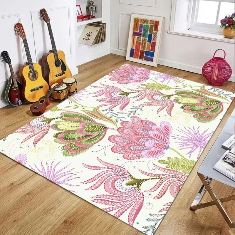 Bohemian Floral Print Area Rug, Soft Non-Slip Washable Floor Mat for Living Room Bedroom Kitchen Office Home Decor