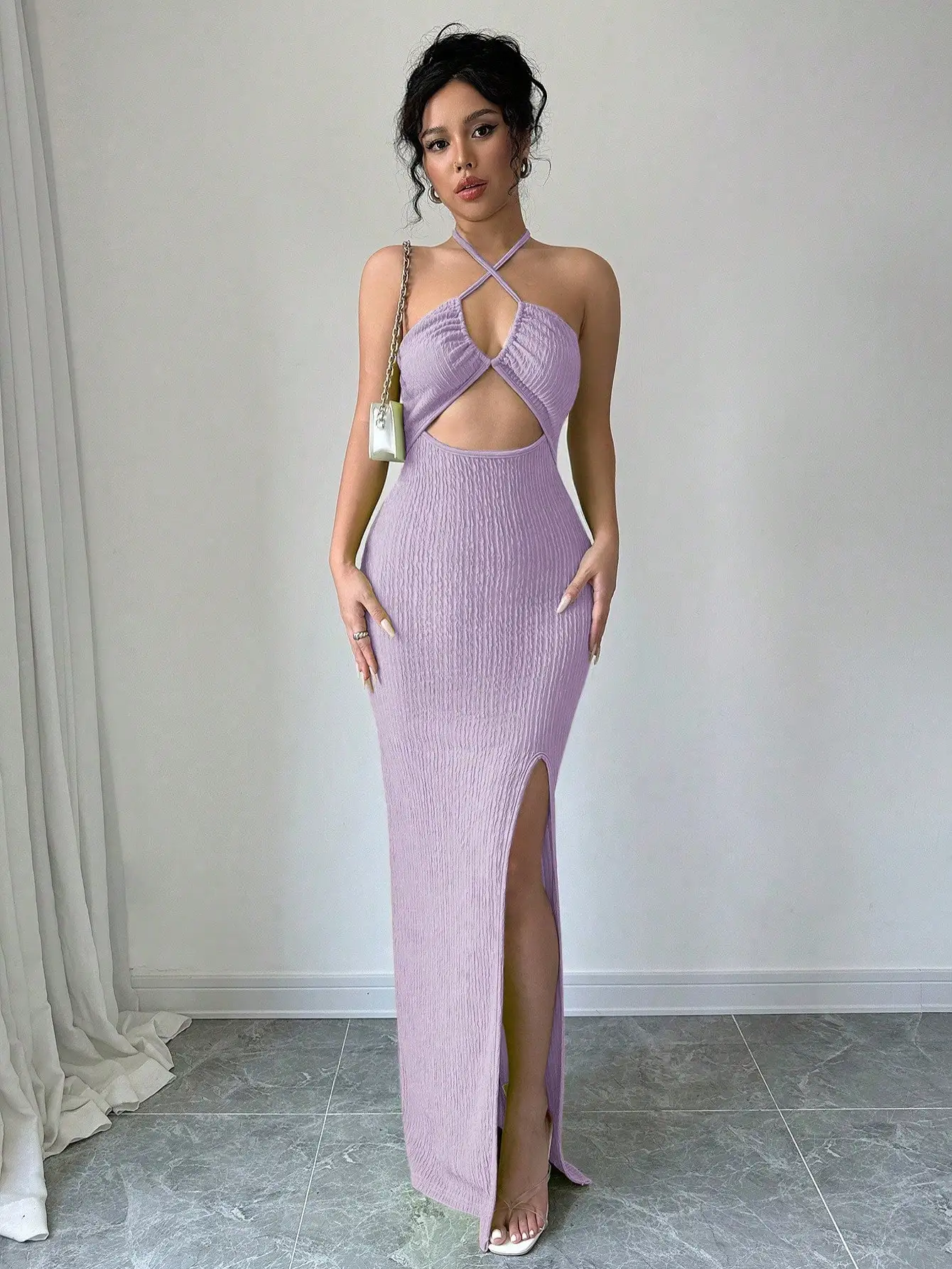 Bonito vestido ajustado con escote Halter y abertura larga para ropa de Año Nuevo, traje Maxi para mujer