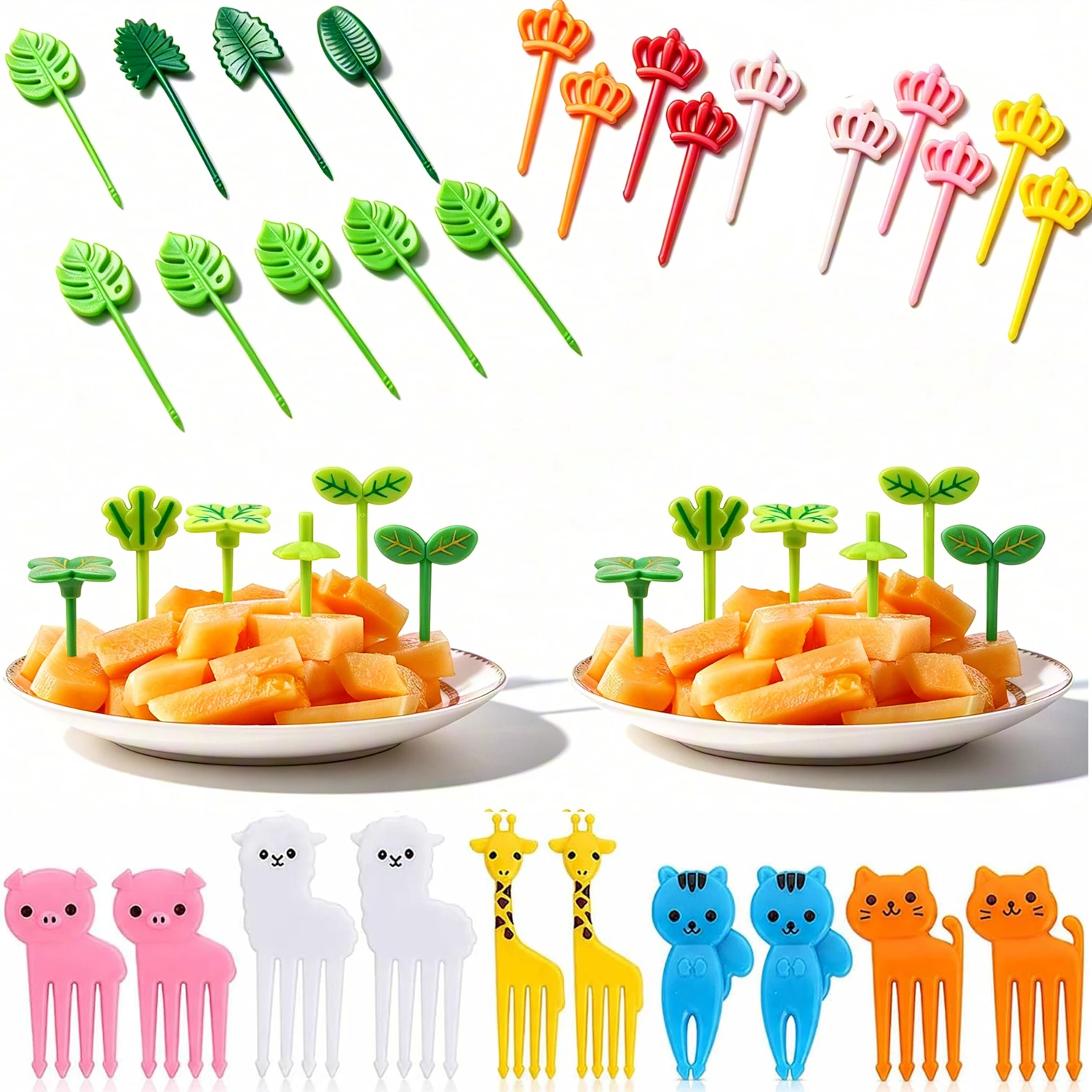 38Pcs Cute Garden Bento Food Picks Reusable Leaf Crown Animal Fruit Forks BPA Free Lunch Box Decoration Accessories for Kids