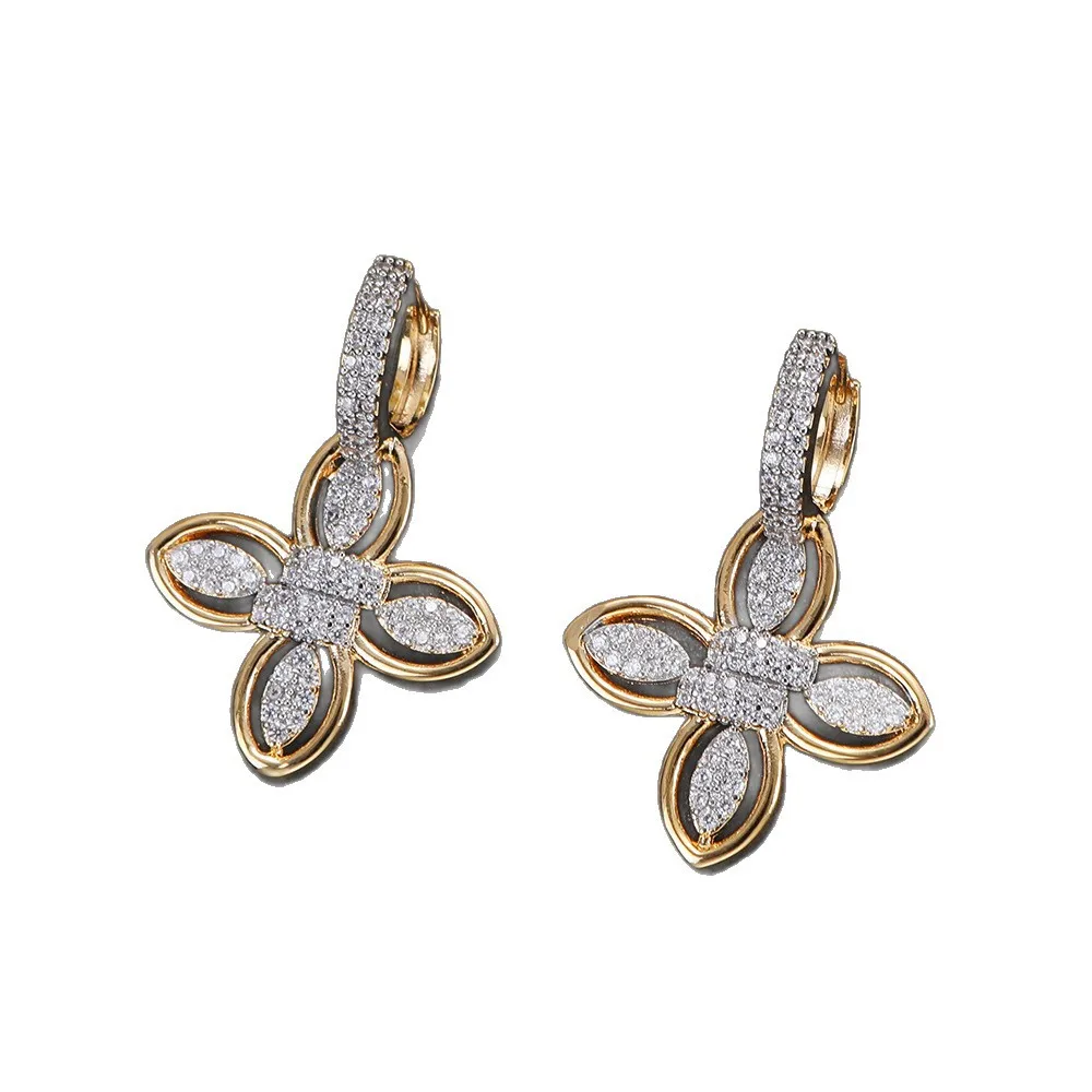 Two-Tone Full Zircon Geometric Earrings for Women Retro Luxury Contrast Color Dangle Earrings Evening Party Premium Jewelry Gift