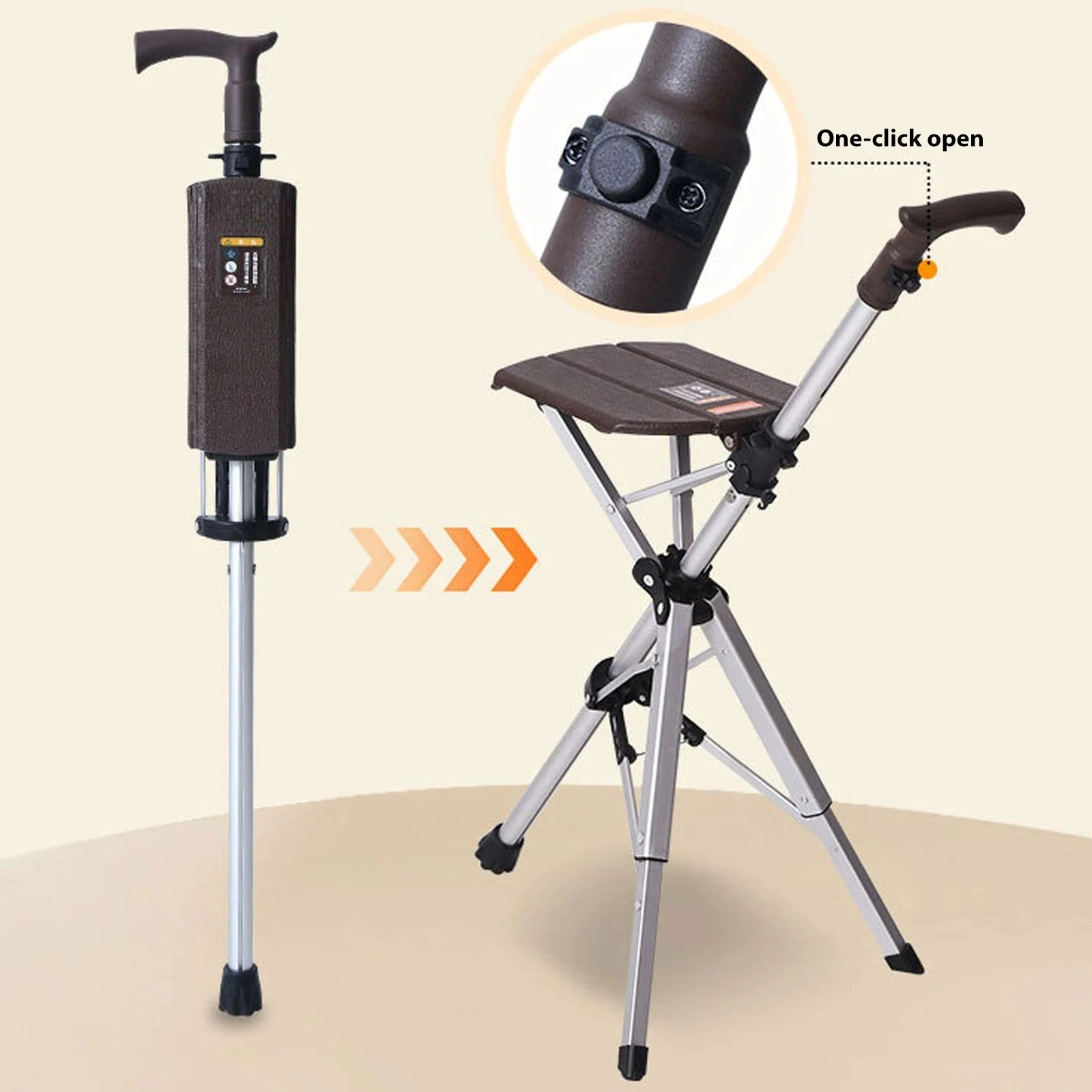 2-IN-1 Folding Walking Stick with Seat Portable Cane Stool One-Button Operation Mobility Aid for Elderly Outdoor