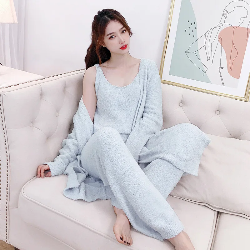 New 3 Pieces Pajamas Set Sleepwear Women Autumn Winter Velvety Plush Thick Loungewear Chinese Characters Student Warm Homewear