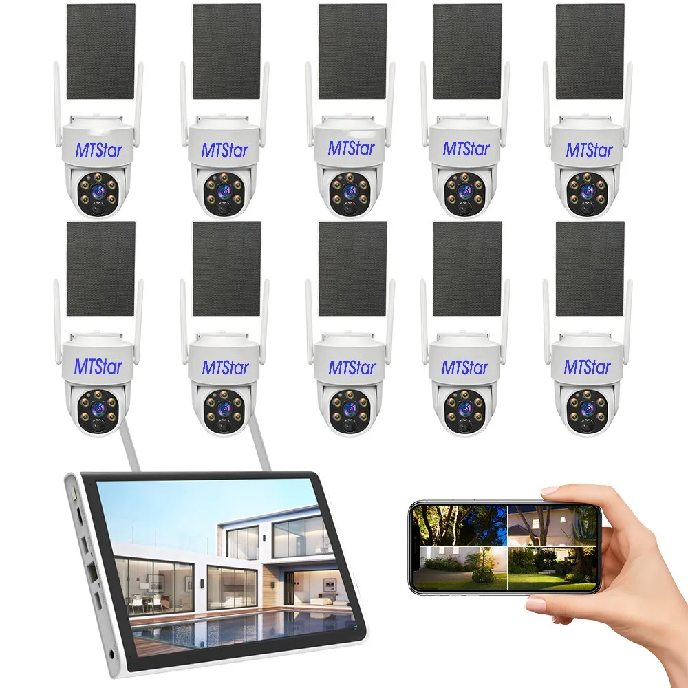 MTStar 10 Channels OEM P2p 4MP Eseecloud Smart WiFi Solar Bullet Camera Kits with 10 Inch Monitor