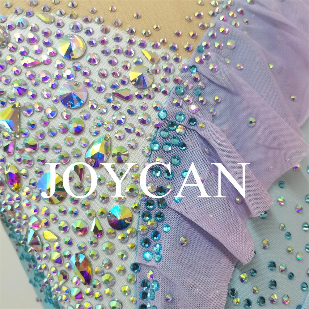 فستان JoyCan للتزلج على الجليد للفتيات باللون الأزرق الفاتح والوردي من ألياف لدنة قابلة للتمدد ملابس رقص مخصصة