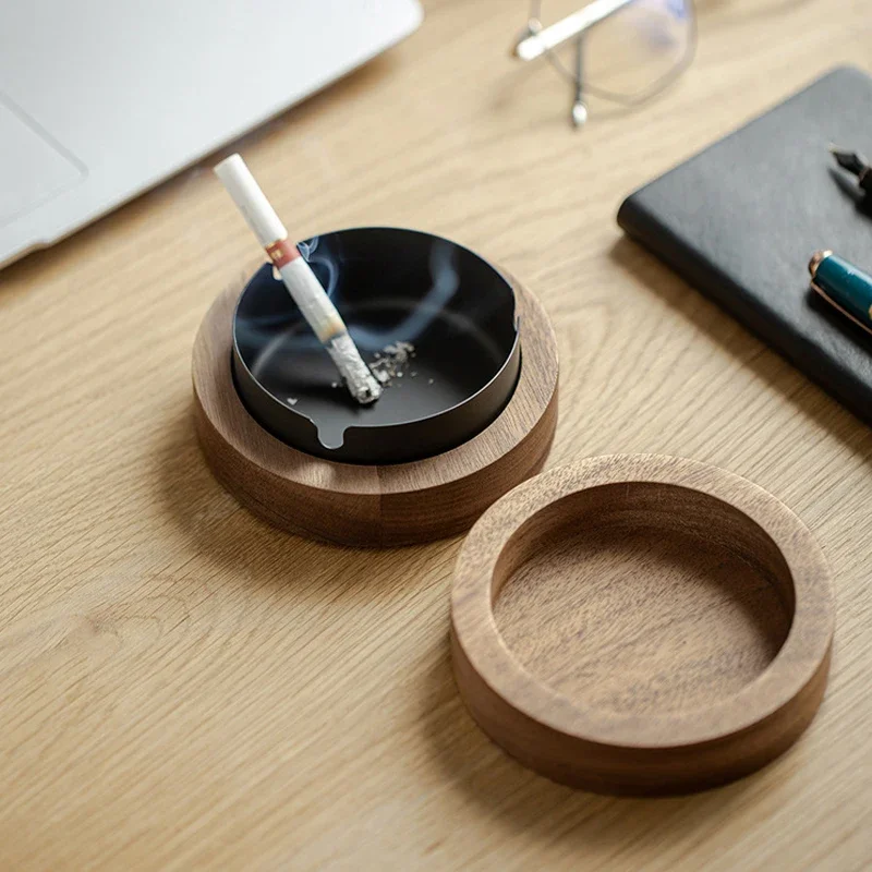 Creative solid wood tobacco cup Anti fly ash Walnut wood Literary and artistic Circular ashtray Nordic Creativity Men Gift