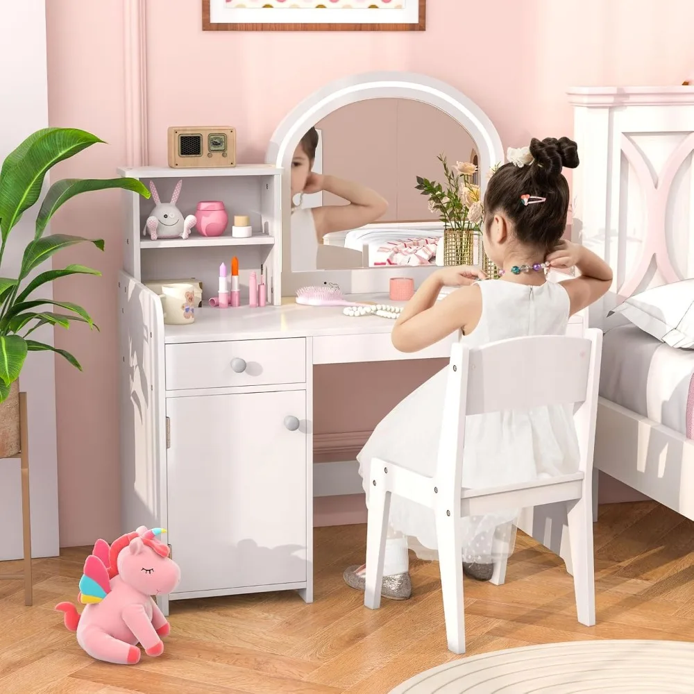 kids Vanity Table, Princess Makeup Desk and Chair Set with Lights Mirror Drawer Storage Shelves, Wooden Dressing Table