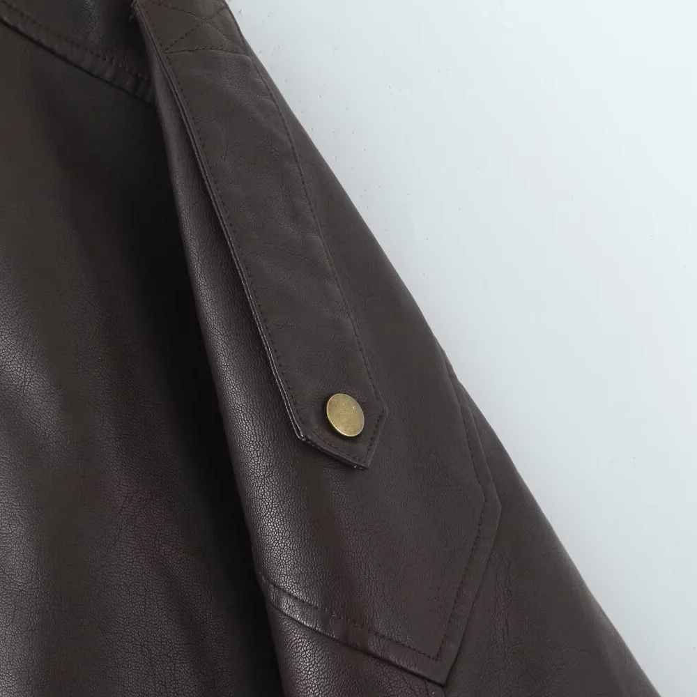 Chaqueta de cuero holgada y versátil con decoración de cremallera y manga larga con cuello para mujer, nuevo producto de otoño