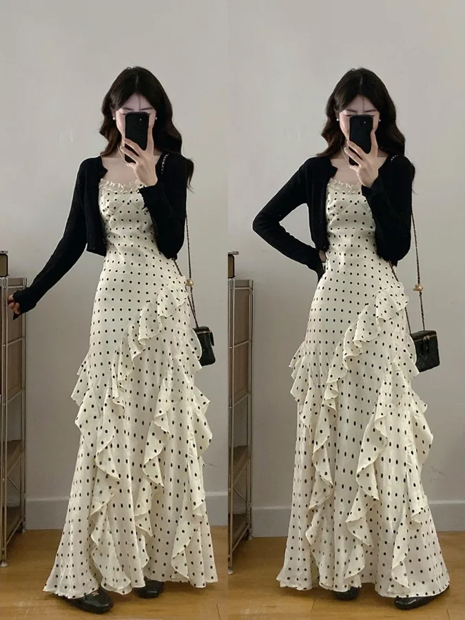 

2026 plus Size Polka Dot Dress Women's Commute Slimming Concealing Long Sleeve Mid-Length A-Line Skirt Style Sweet Princess