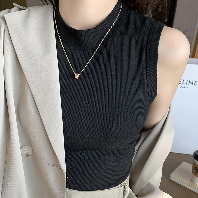 Ladies' Round Neck Threaded Base Shirt Sleeveless Vest Suspender To Cover The Accessory Breast Worn Externally Worn Internally