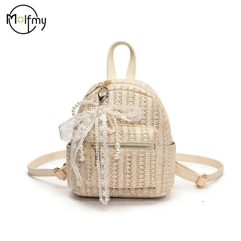 

Summer Backpack with Pendant Women's Straw School Bag Straw Knitting Rucksack Trendy Lightweight ForSchool Travel Mochilas Mujer