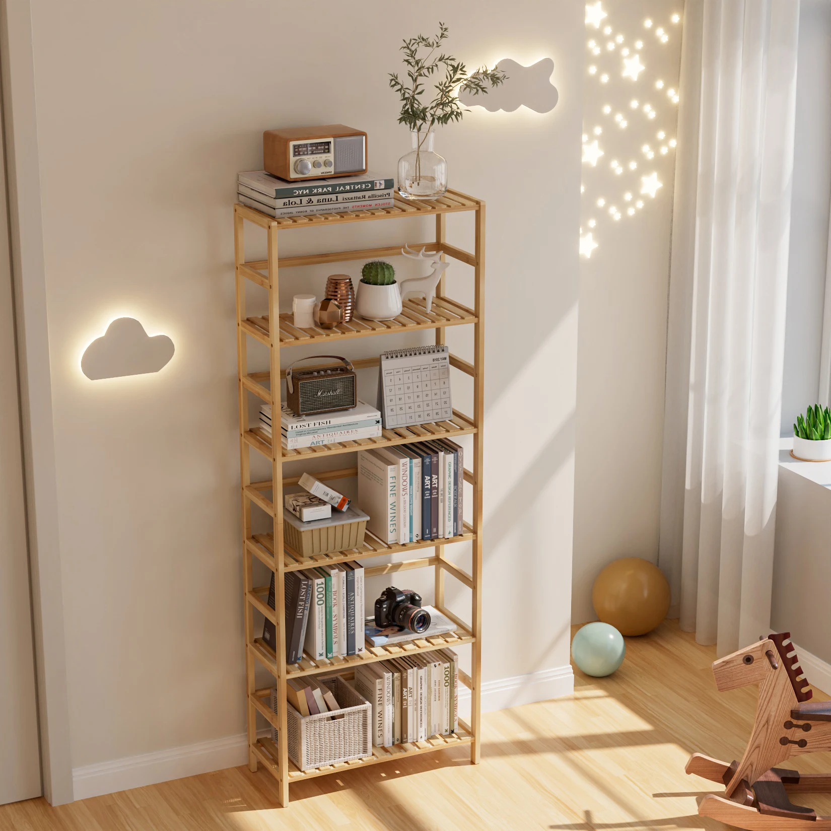 6 Tiers Bamboo Bookshelf Flower Rack with Adjustable DIY Shelves Free Standing Natural Wood Color Display Shelf for Living Room