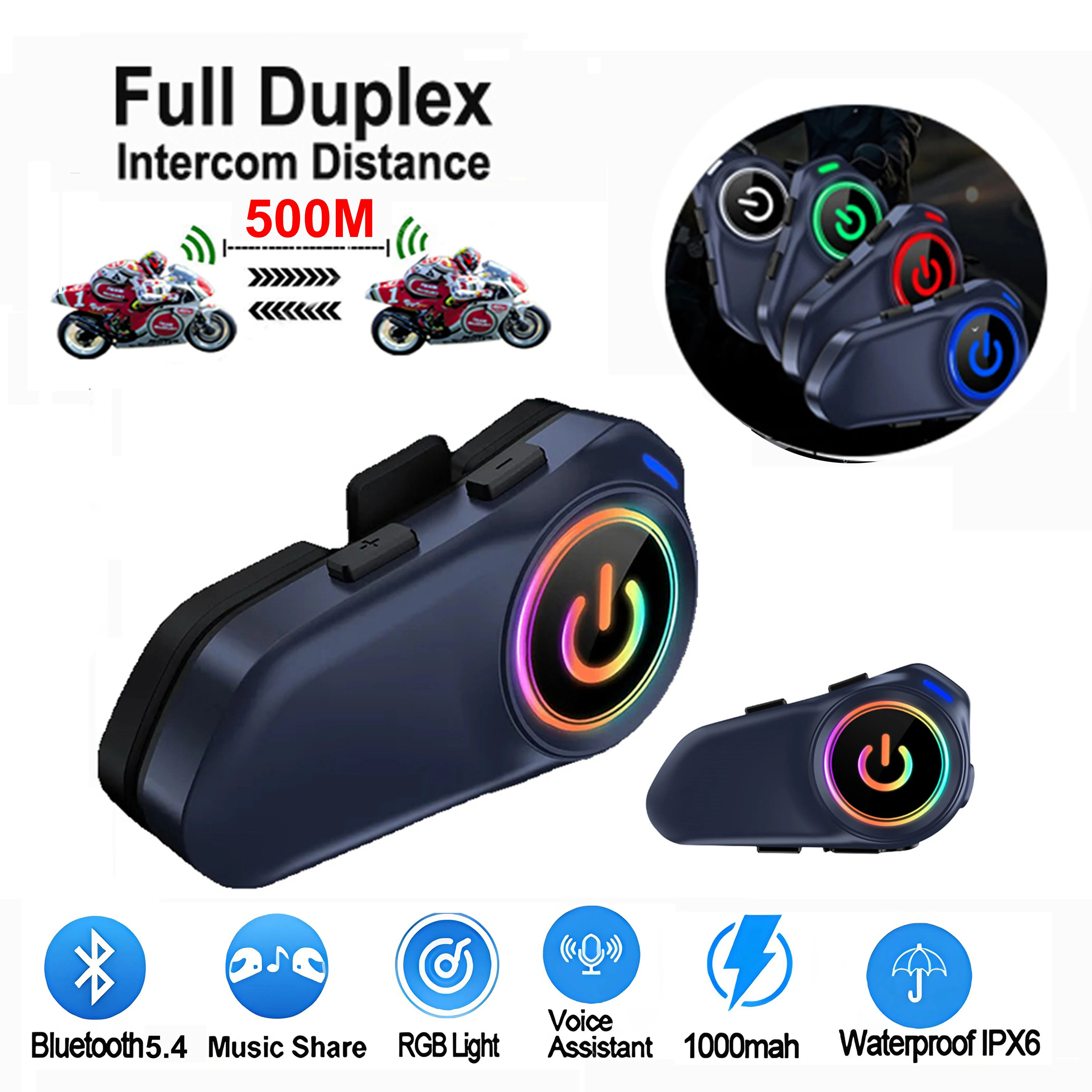 

Домофон 500 м с функцией обмена музыки и голосовым помощником, водонепроницаемая гарнитура IPX6, долговечные беспроводные Bluetooth-наушники 1000 мАч